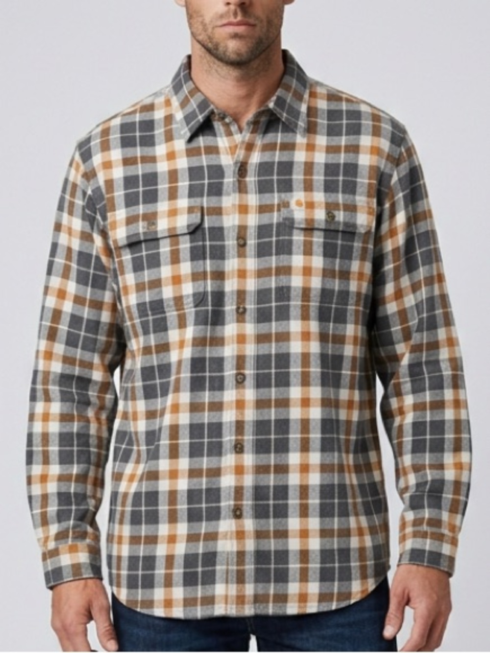Carhartt Men's XL Long Sleeve Plaid Flannel Button Down Work Shirt Brown Gray